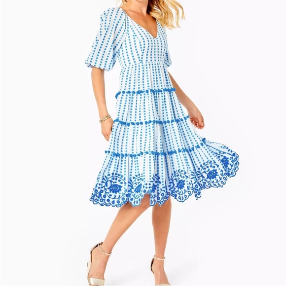 Lilly Pulitzer Dresses & Skirts - Lilly Pulitzer Midi Sidney Dress in Gingham Stripe Jacquard Blue White Size 14